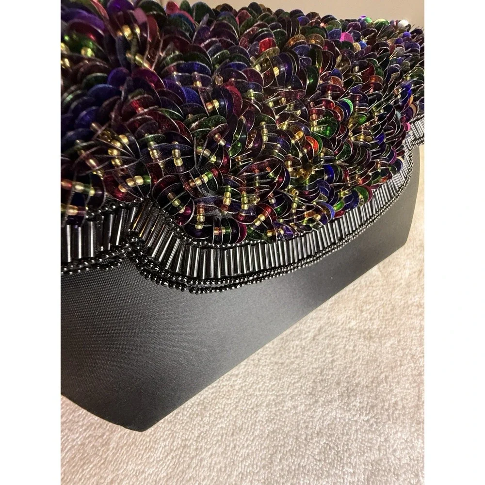 VTG La Regale Clutch Black‎ Satin Beaded Prom Mermaidcore Iridescent 